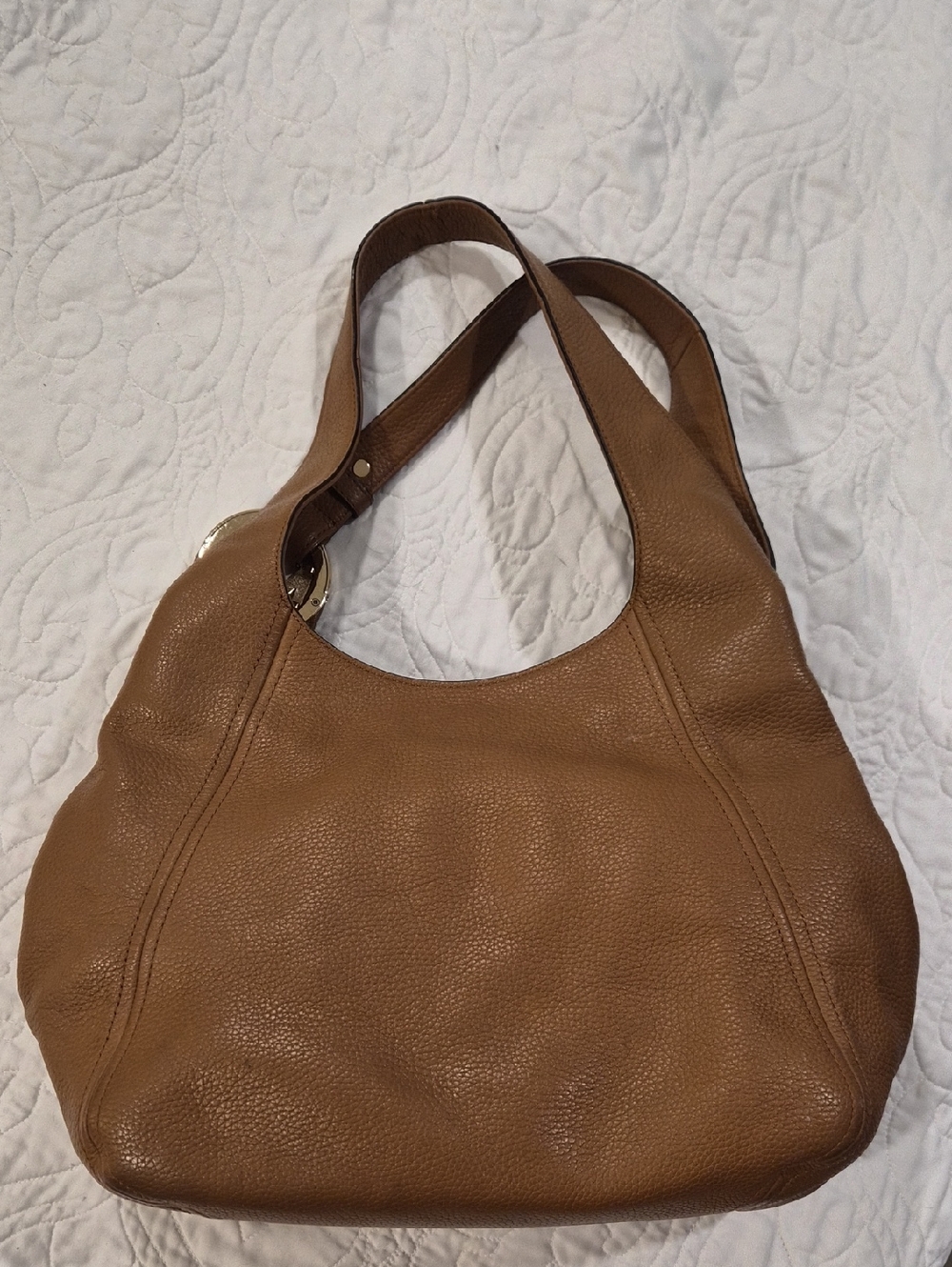 Michael Kors Tan Leather Hobo Bag with Gold MK Accent - Picture 2 of 13